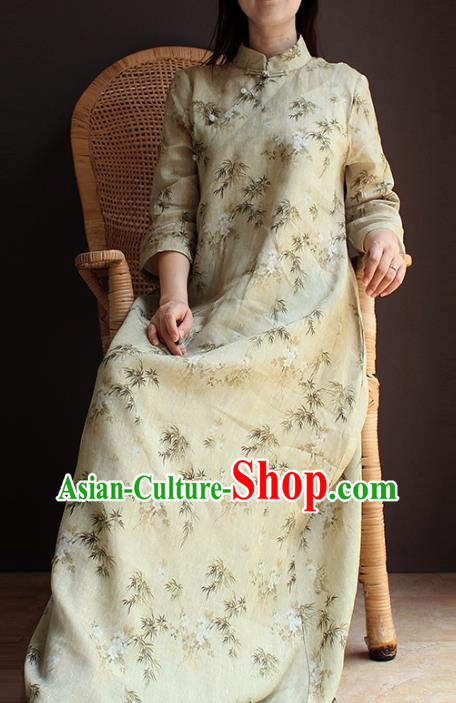 China Traditional Printing Beige Flax Qipao Dress National Women Clothing Classical Cheongsam