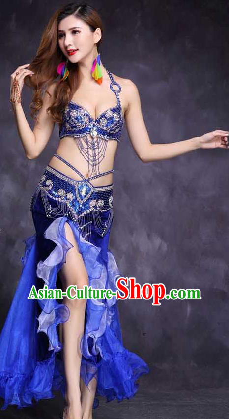 High Grade India Oriental Dance Stage Performance Clothing Indian Belly Dance Diamante Royalblue Bra and Skirt Outfits