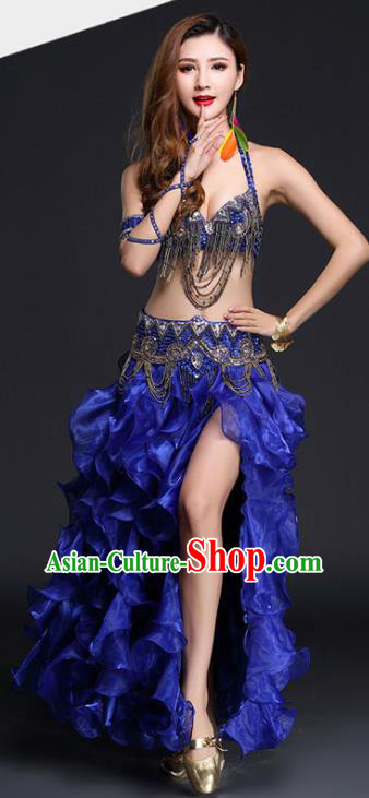 High Grade India Oriental Dance Performance Clothing Indian Belly Dance Beads Tassel Bra and Royalblue Skirt Outfits