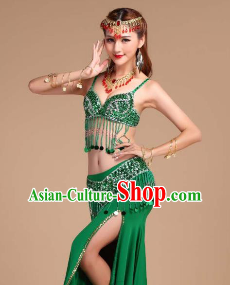 Asian India Raks Sharki Oriental Dance Competition Clothing Indian Belly Dance Sequins Tassel Bra and Green Skirt Uniforms