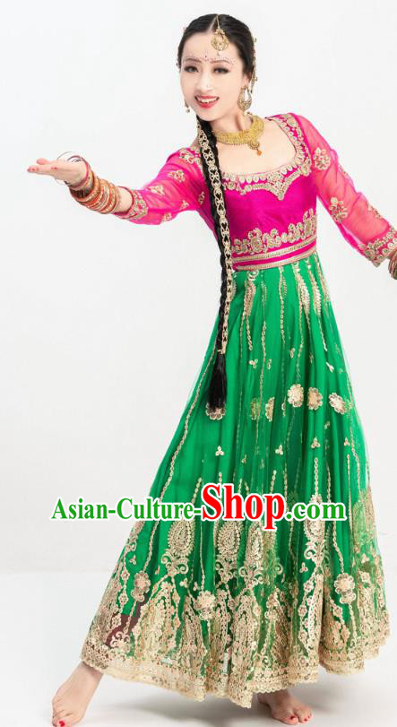 Indian Bollywood Dance Green Anarkali Dress Asian India Stage Performance Embroidered Costumes