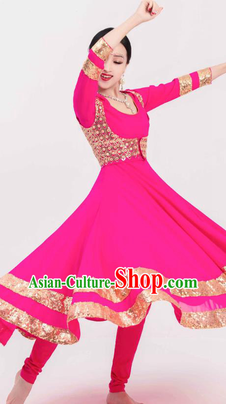 Indian Bollywood Performance Rosy Anarkali Dress and Vest Asian India Folk Dance Training Costumes