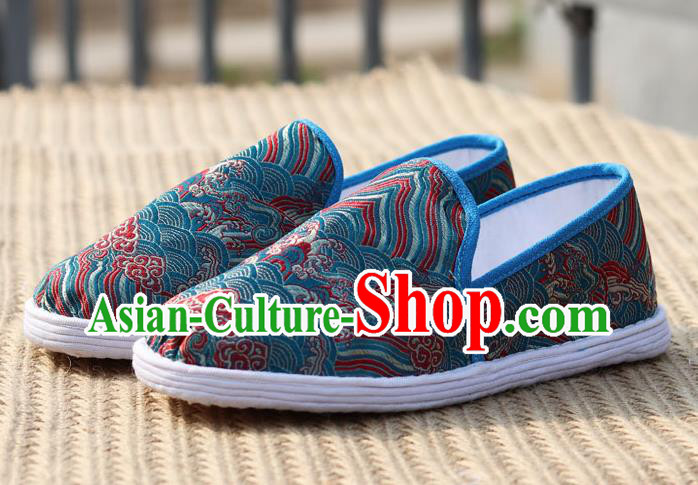 Chinese Handmade Shoes Traditional Martial Arts Shoes Classical Wave Pattern Blue Brocade Shoes