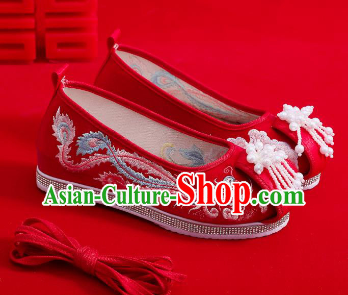 China National Embroidered Phoenix Shoes Pearls Tassel Hanfu Shoes Handmade Wedding Red Cloth Shoes