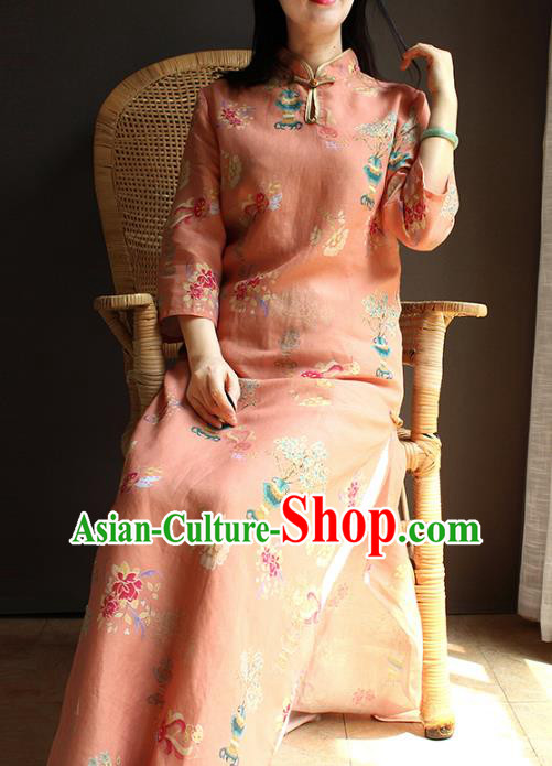 China National Women Clothing Stand Collar Qipao Dress Classical Printing Pink Flax Cheongsam