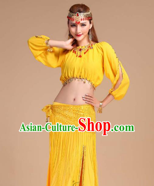 Asian India Folk Dance Clothing Indian Traditional Oriental Dance Belly Dance Yellow Tassel Skirt Outfits