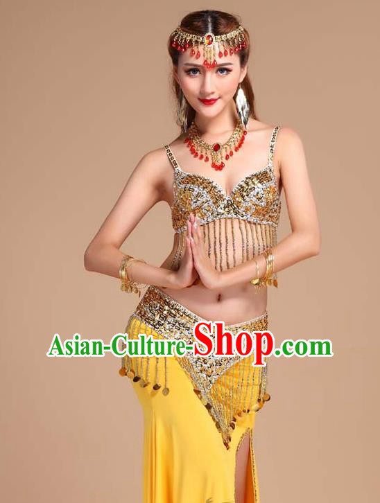 Asian India Oriental Dance Performance Clothing Indian Belly Dance Bra and Yellow Skirt Uniforms
