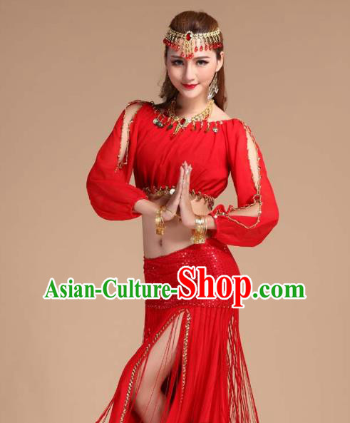 Asian India Folk Dance Stage Performance Clothing Indian Traditional Belly Dance Red Tassel Skirt Outfits