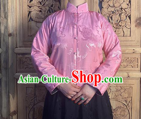 China Tang Suit Upper Outer Garment Classical Lion Pattern Pink Silk Blouse National Cheongsam Shirt