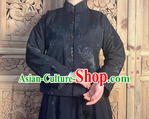 China Classical Black Silk Blouse National Cheongsam Stand Collar Shirt Tang Suit Upper Outer Garment