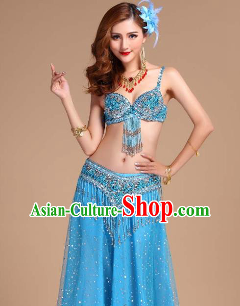 Indian Oriental Dance Uniforms Asian Traditional Raks Sharki Blue Bra and Skirt India Belly Dance Performance Clothing