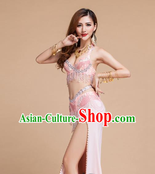 Asian Traditional Oriental Dance Pink Bra and Skirt Indian Belly Dance Clothing Stage Performance Beads Tassel Uniforms