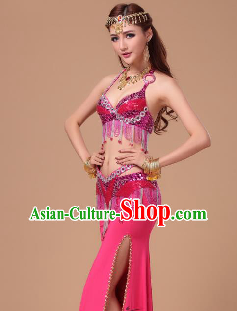 Asian Stage Performance Beads Tassel Uniforms Traditional Oriental Dance Rosy Bra and Skirt Indian Belly Dance Clothing