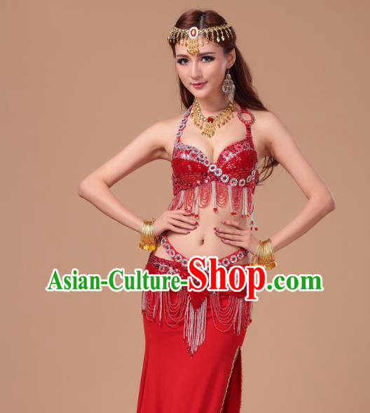 Indian Belly Dance Clothing Asian Stage Performance Beads Tassel Uniforms Traditional Oriental Dance Red Bra and Skirt