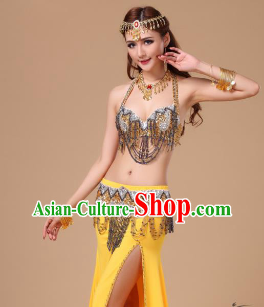 Indian Belly Dance Performance Sexy Yellow Uniforms Top Asian Oriental Dance Bra and Skirt Clothing