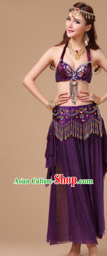 Indian Stage Performance Costumes Asian Belly Dance Purple Uniforms Traditional Oriental Beauty Dance Bra and Skirt