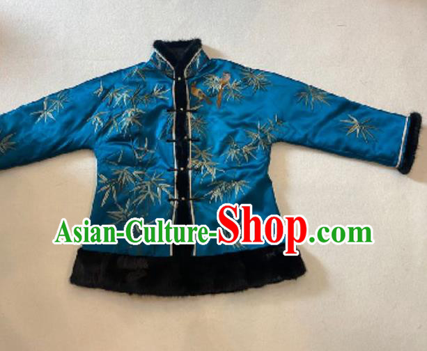 Chinese Winter Female Costume National Cotton Wadded Coat Embroidered Bamboo Leaf Blue Silk Jacket