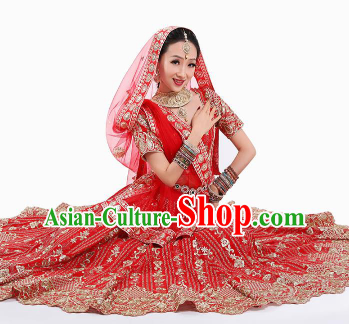 Indian Wedding Red Lehenga Dress Asian Traditional Court Bride Stage Performance Costumes and Hair Jewelry