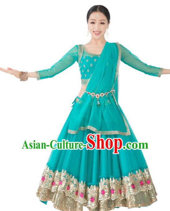 Asian India Bollywood Dance Clothing Indian Traditional Folk Dance Lehenga Blue Blouse and Dress