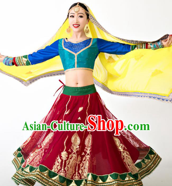 Indian Blue Top and Red Skirt Asian India Bollywood Dance Clothing Traditional Lehenga Clothing