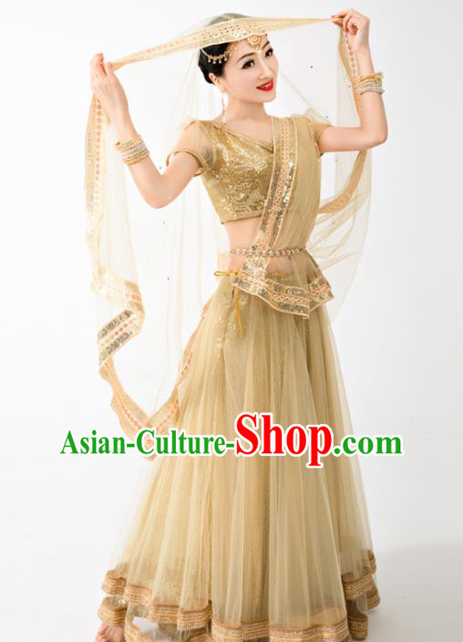 Asian India Bollywood Princess Clothing Traditional Lehenga Clothing Indian Golden Top and Veil Skirt