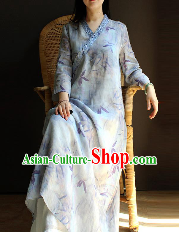 China Classical Printing Light Blue Cheongsam National Women Clothing Traditional Slant Opening Qipao Dress
