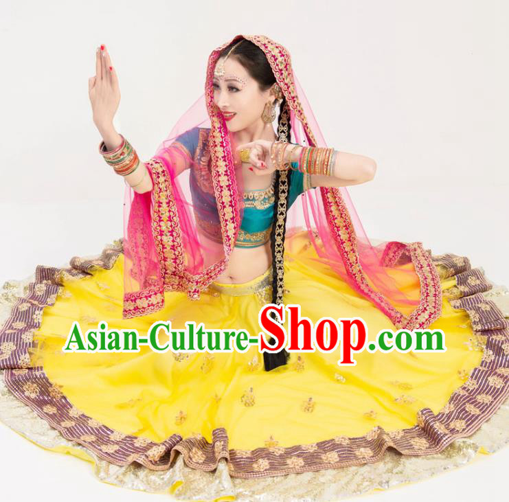 Asian India Traditional Lehenga Clothing Indian Bollywood Dance Stage Performance Blue Blouse and Yellow Skirt