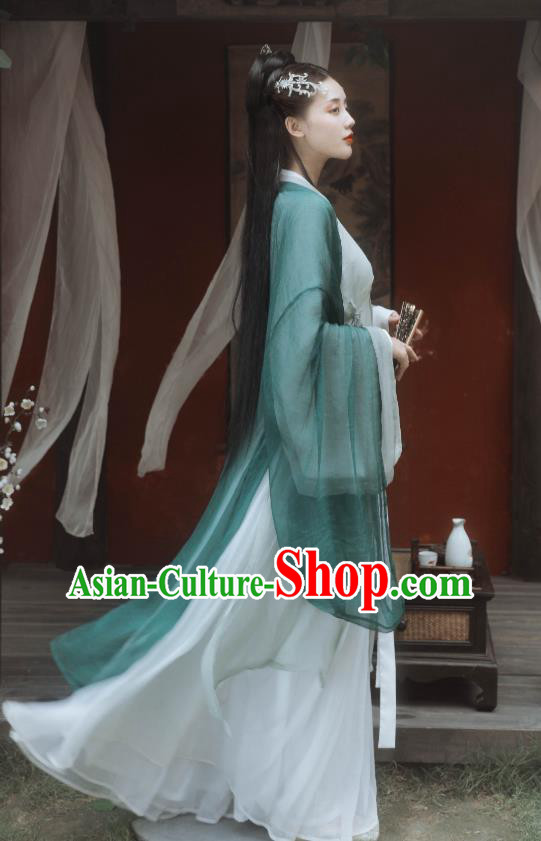 China Ancient Female Swordsman Green Hanfu Dress Traditional Jin Dynasty Young Beauty Historical Clothing