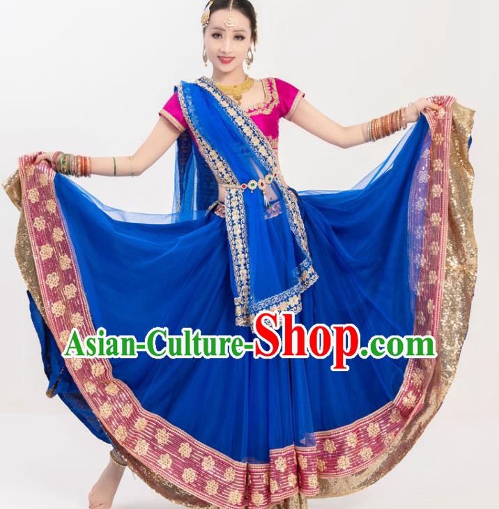 Asian India Traditional Bollywood Dance Lehenga Clothing Indian Stage Performance Rosy Blouse and Royalblue Skirt
