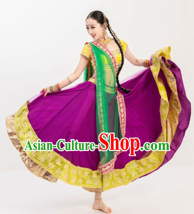 Asian India Lehenga Clothing Indian Stage Performance Yellow Blouse and Purple Skirt Traditional Bollywood Dance Costumes