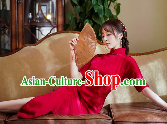 China National Women Costume Bride Cheongsam Classical Wedding Red Silk Qipao Dress