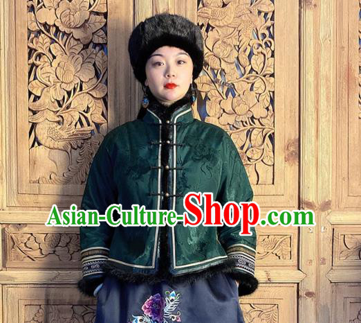 Chinese Green Silk Cotton Wadded Jacket Traditional Tang Suit Overcoat Woman Embroidered Short Coat