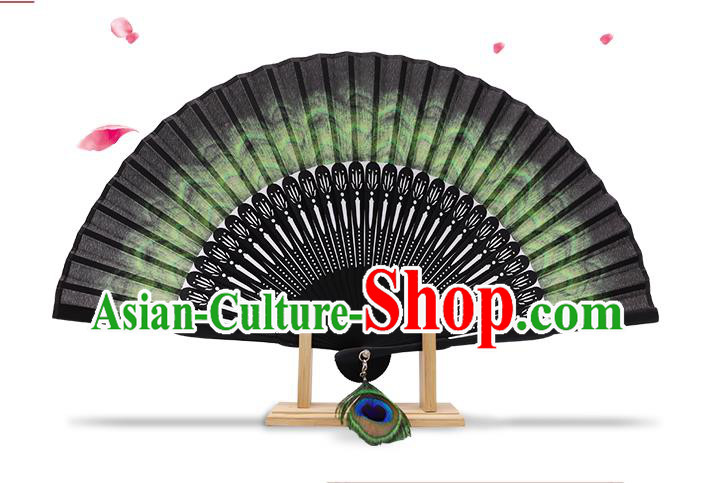 Chinese Handmade Folding Fan Classical Peacock Feather Pattern Fan Silk Accordion
