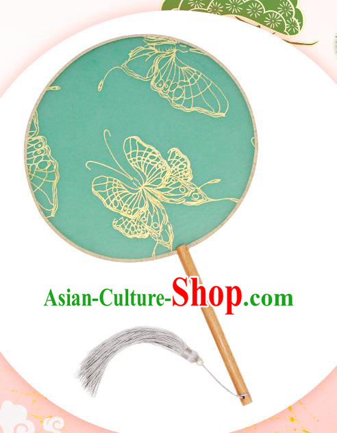China Traditional Hanfu Fan Classical Dance Circular Fan Handmade Green Silk Fan