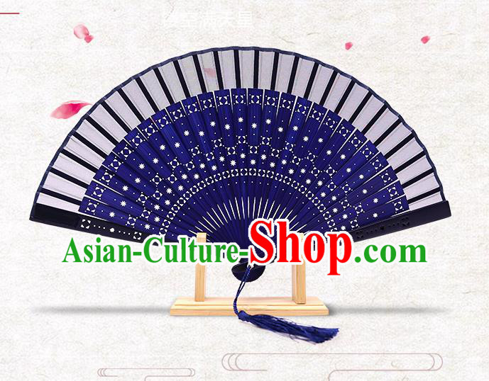 Chinese Handmade Silk Folding Fan Classical Blue Accordion Hollow Bamboo Fan