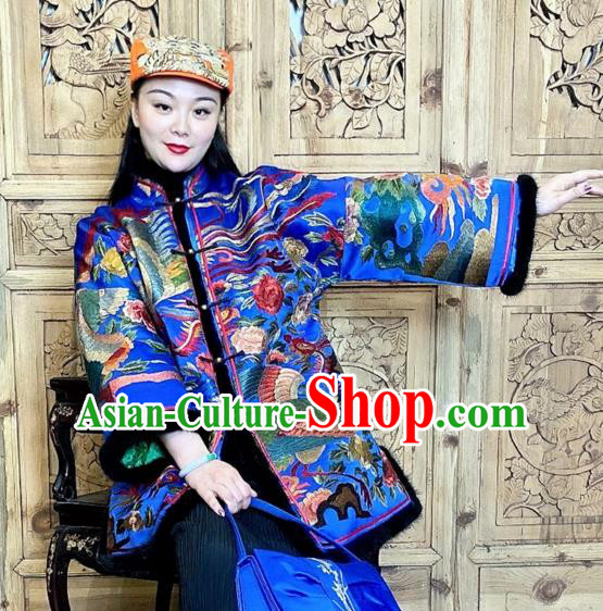 Chinese Woman Embroidered Phoenix Cotton Wadded Coat Traditional Tang Suit Blue Silk Clothing