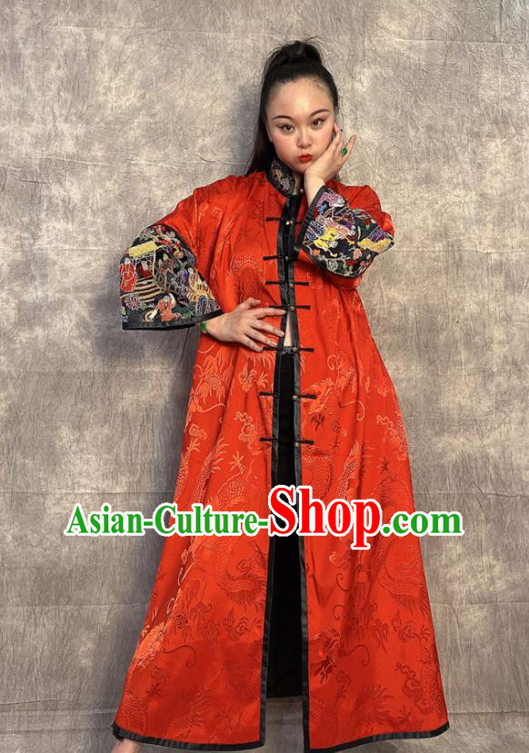 Chinese Embroidered Red Silk Coat Traditional Women Clothing Long Gown Outer Garment