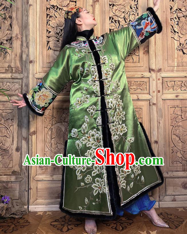 Chinese Green Silk Dust Coat Traditional National Clothing Women Winter Embroidered Mangnolia Outer Garment