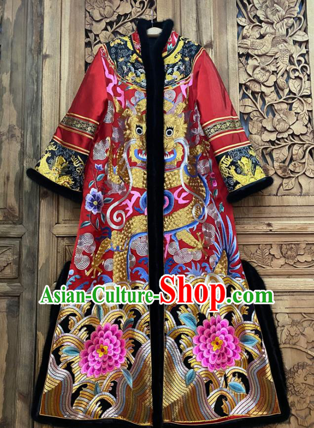 Chinese Embroidered Dragon Dust Coat Winter Red Silk Outer Garment Traditional National Women Clothing