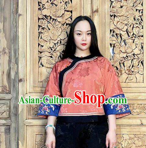 Chinese Tang Suit Upper Outer Garment Embroidered Cheongsam Shirt Traditional Light Red Silk Blouse