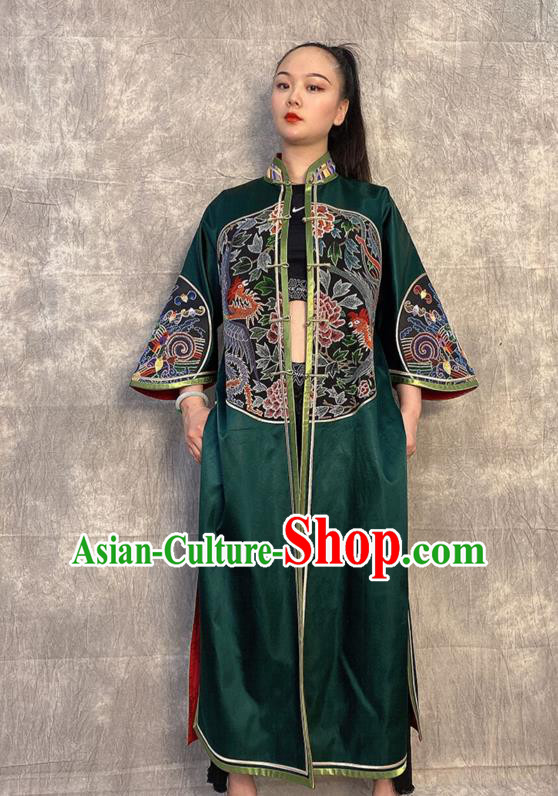Chinese Embroidered Dragon Deep Green Silk Dust Coat Traditional National Costume Tang Suit Overcoat