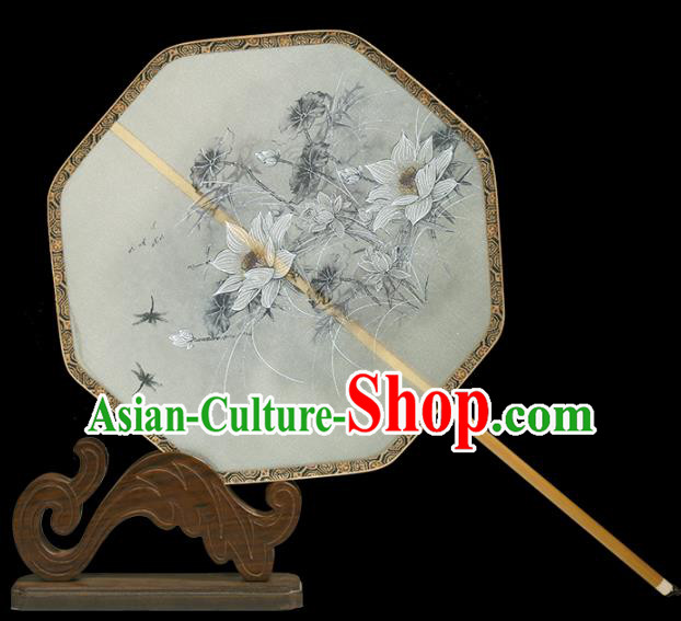China Classical Lotus Pattern Silk Fan Handmade Hanfu Octagon Fan Traditional Ming Dynasty Palace Fan