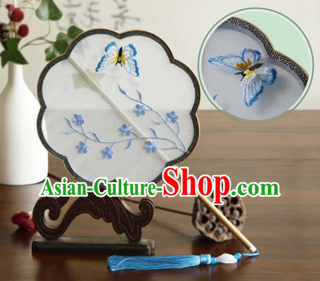 China Handmade Classical Dance Silk Fan Embroidered Plum Butterfly Palace Fan Traditional Hanfu Fan