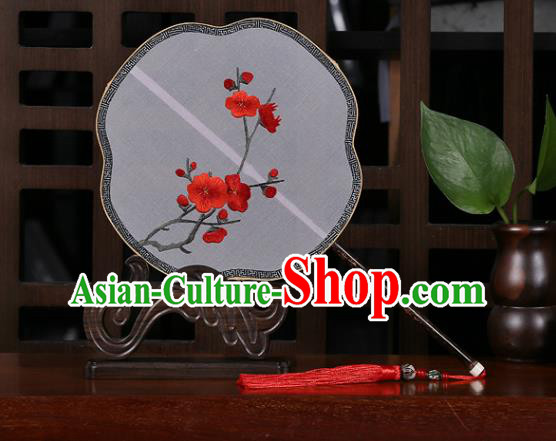 China Traditional Embroidered Red Plum Palace Fan Classical Dance Fan Handmade White Silk Fan