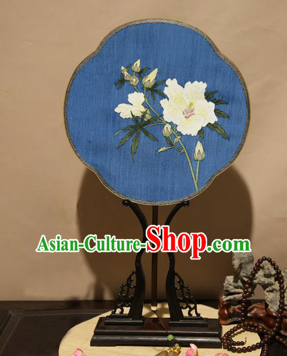 China Handmade Suzhou Fan Craft Traditional Dance Palace Fan Classical Gardenia Pattern Blue Silk Fan