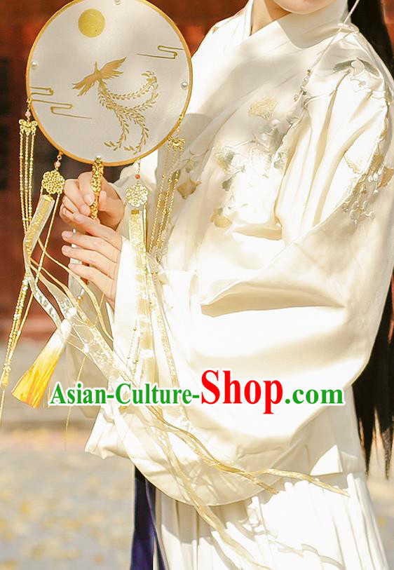 China Handmade Yellow Ribbon Tassel Palace Fan Traditional Ming Dynasty Princess Fan Classical Circular Silk Fan