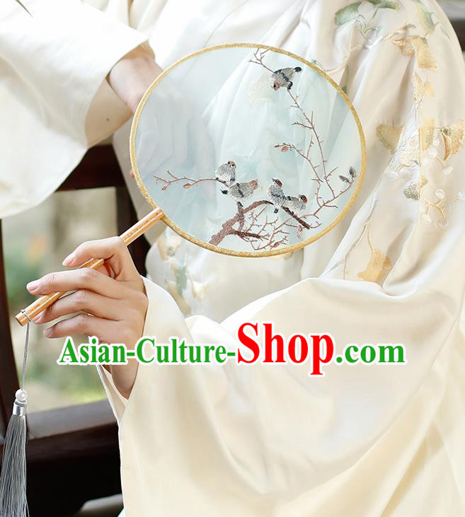 China Traditional Hanfu Fan Handmade Embroidered Birds Palace Fan Classical Light Blue Silk Circular Fan