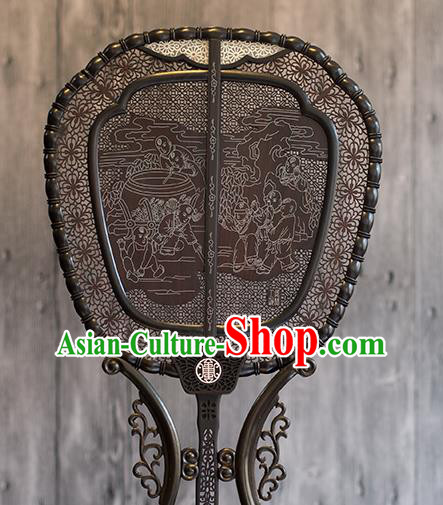 China Traditional Carving Wood Fan Classical Palace Fan Handmade Hollow Ebony Fan