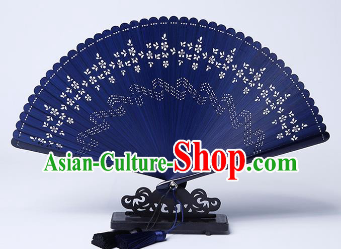 Chinese Handmade Hollow Sakura Fan Traditional Blue Bamboo Accordion Classical Dance Folding Fan
