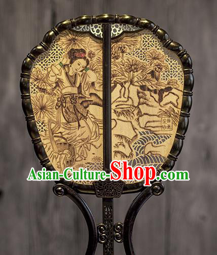 China Classical Beauty Xi Shi Pattern Palace Fan Handmade Hollow Rosewood Fan Traditional Carving Wood Fan